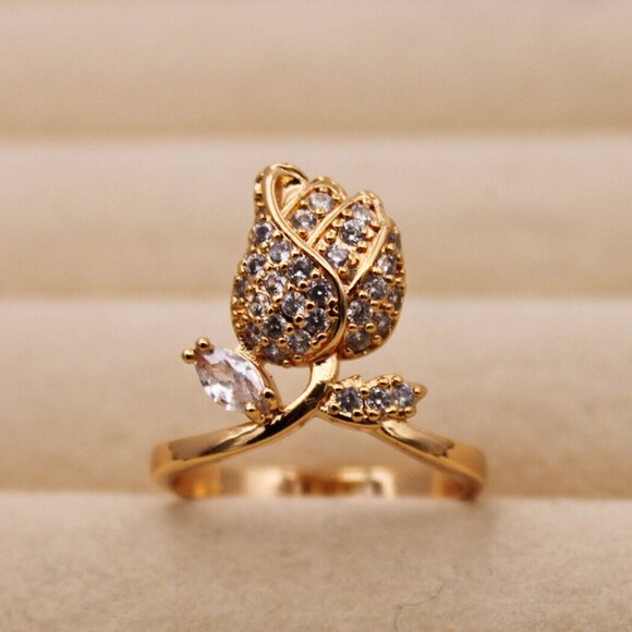 18K Yellow Gold Filled Carved Rose Flower Leaf Diamond Zircon Ring Gorgeous Gift - Picture 5 of 5